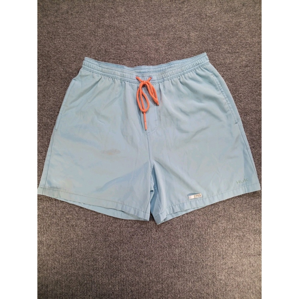 HUK Mens Shorts Medium Blue Performance Fishing Stretch Drawstring Stained